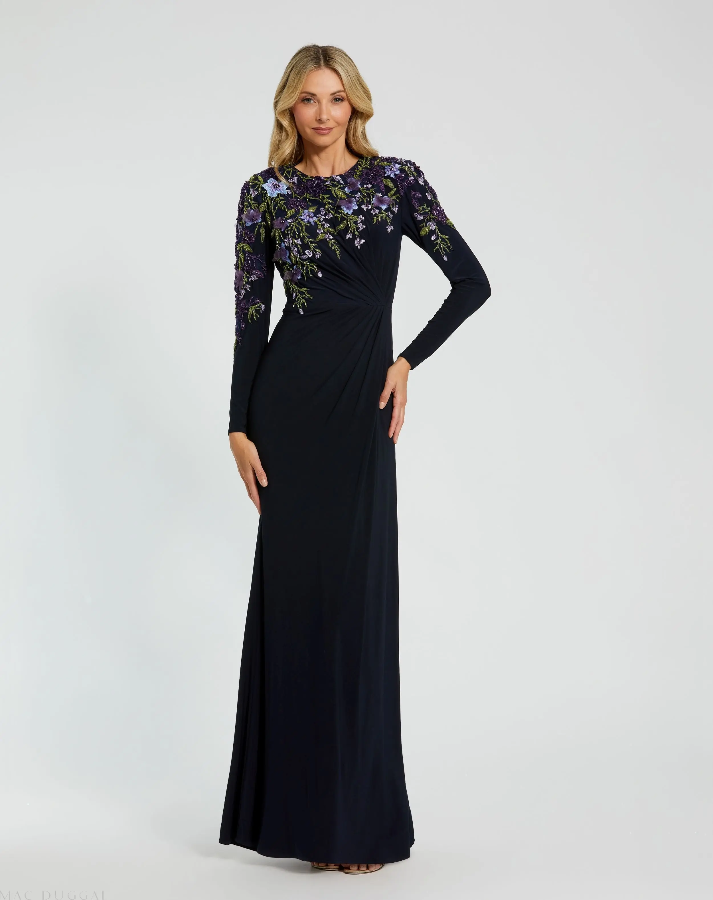 Navy Embellished Long Sleeve Fitted Jersey Gown - Special Events Unlimited