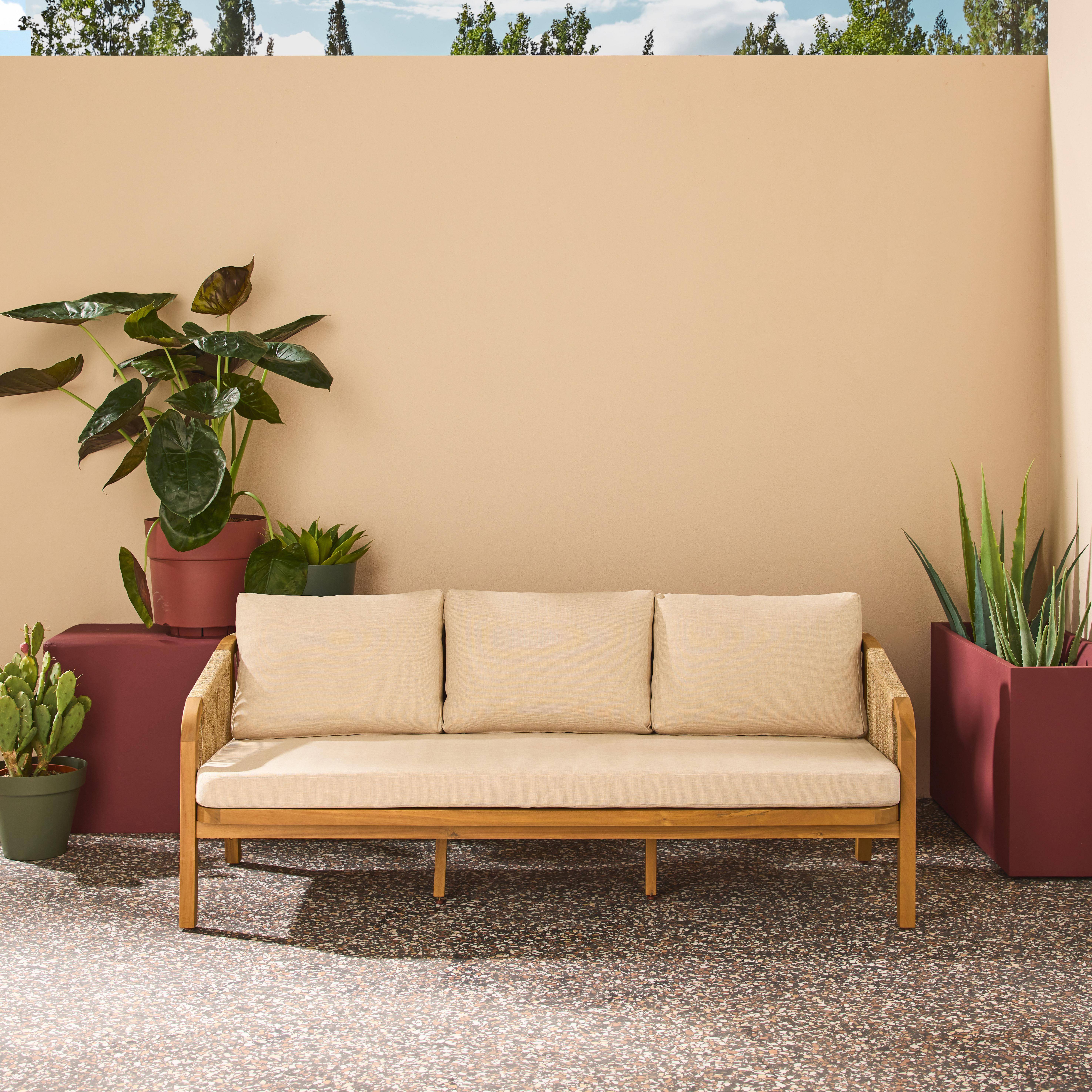 Parana - Sofá exterior de madera acacia, cuerdas y tela, 3 plazas