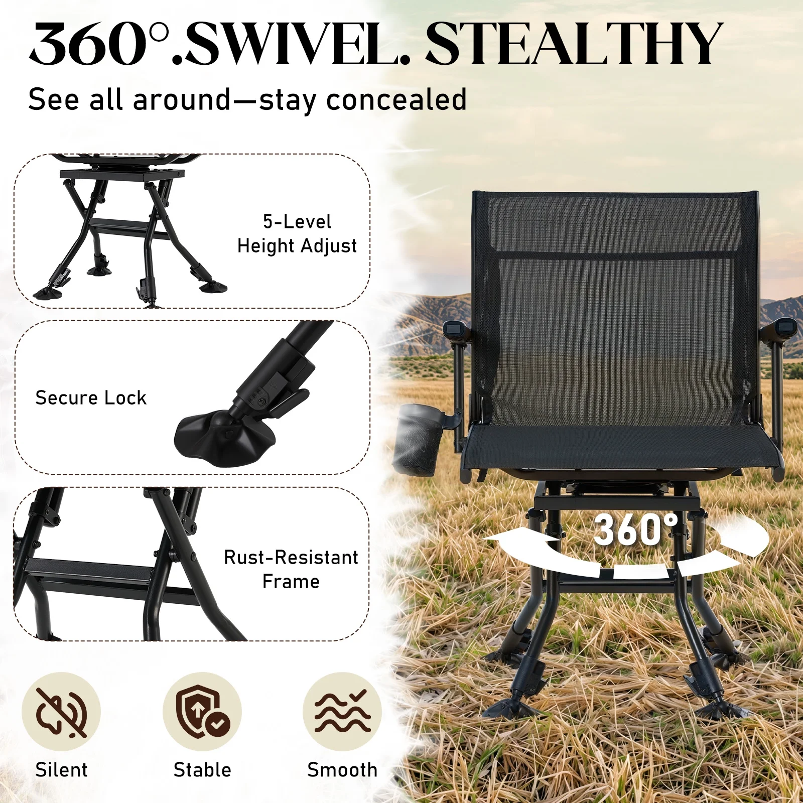 Danrelax 360- Silent Camo Hunting Blind Chair, Armrests, Side Pouch, Telescopic Legs - Image 35