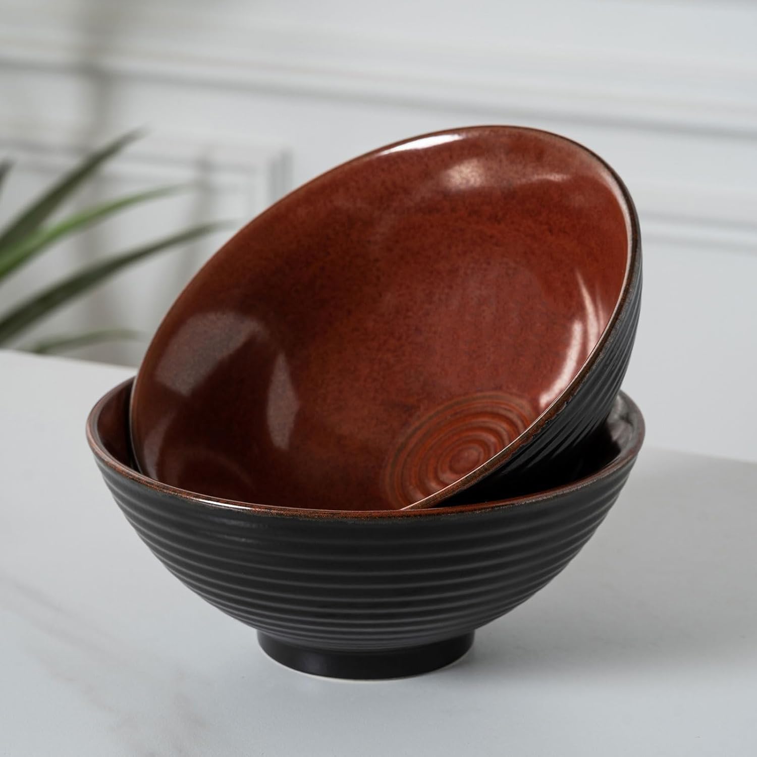 2x Ceramic Ramen Bowls - 40 oz - 20cm - With Spoon and Chopsticks for Ramen Soup Pho Udon Asian Noodles, Large Noodle Bowls (Brown glaze 2 sets)