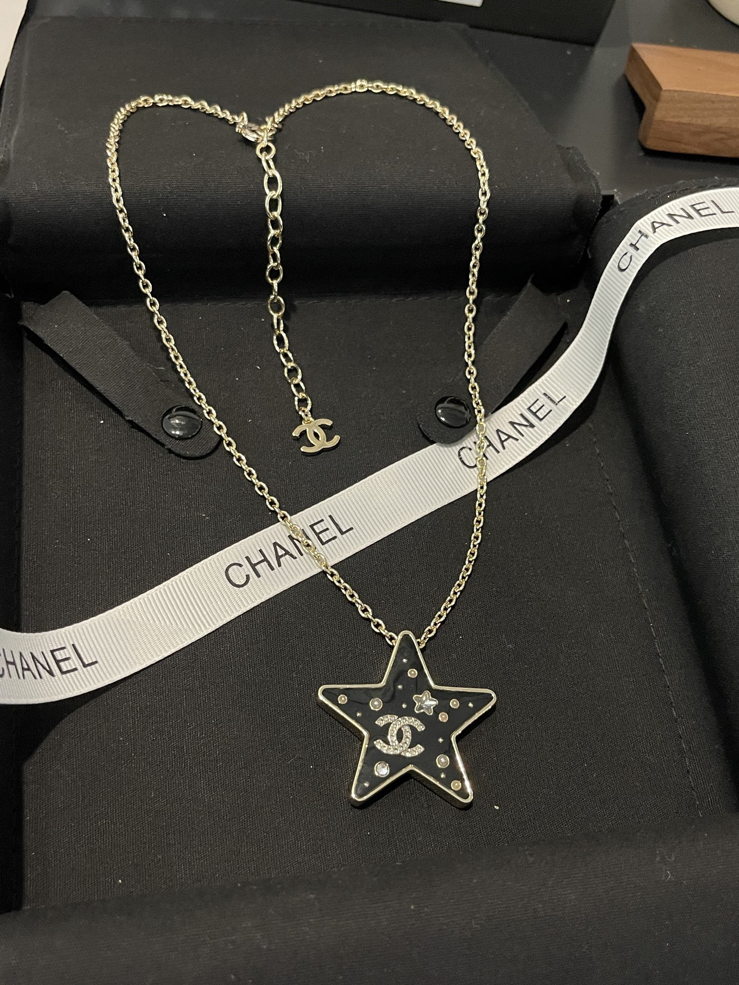 Chanel Diamond Paved Black Enamel Star Pendant Necklace - Original Replica Club