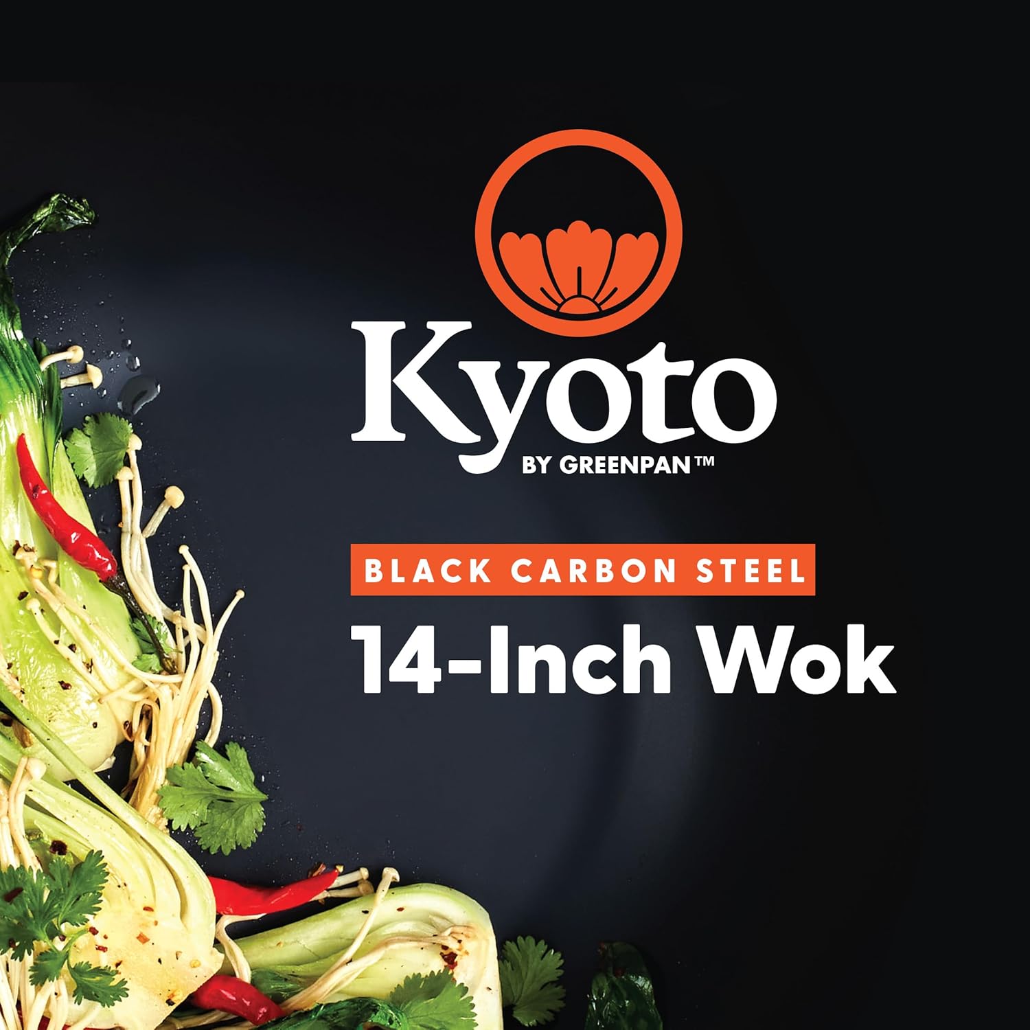 GreenPan Carbon Steel Wok 14”, Flat Bottom, Durable Stir-Fry Pan, Pre-Seasoned Ready to Use, High Heat Retention, Induction, Ash Wood Handle, Kyoto, Black