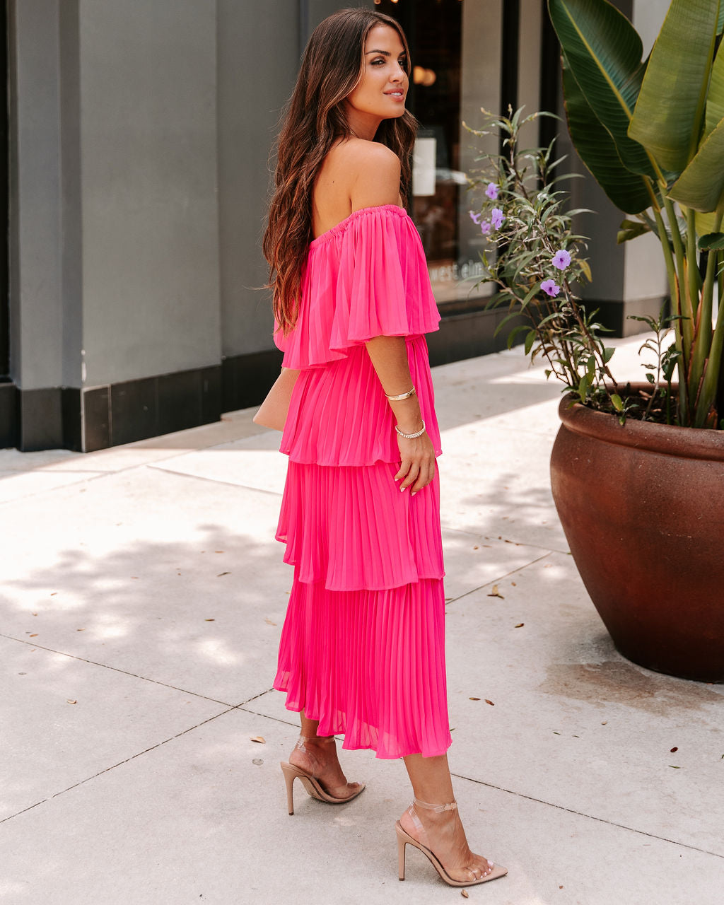 Simaria Pleated Tiered Midi Dress - Hot Pink - FINAL SALE - Se7enfashion