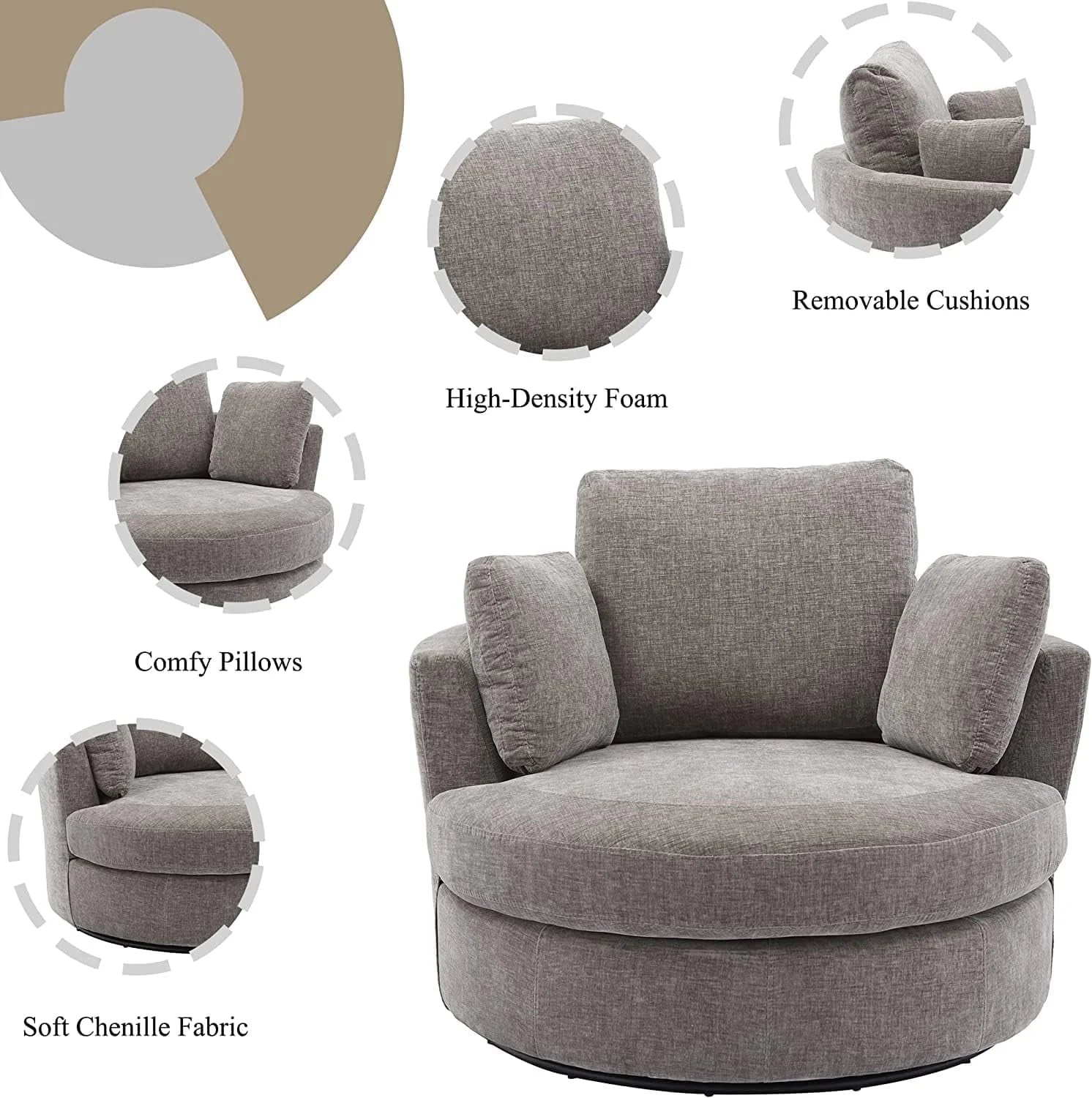 42" W Small Loveseat Sofa Couch, Swivel Barrel Chairs for Bedroom 360 Degree Swivel Accent Chairs for Living Room, Chenille Fabric Club Chair Chaises Lounges for Living Room/Office/Hotel, Grey - Image 7