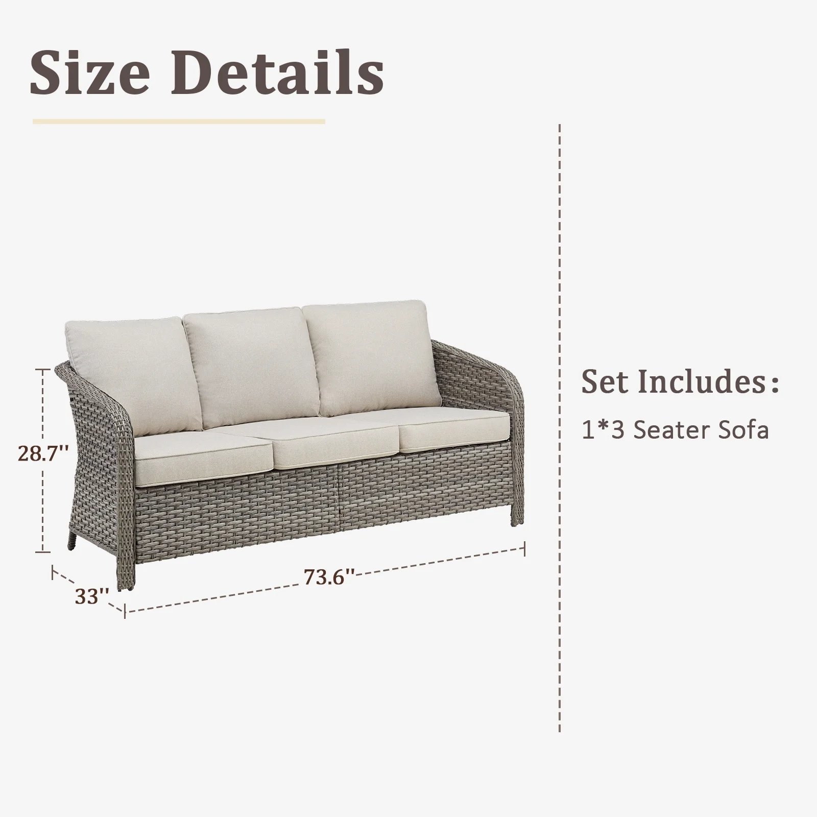 3-Seat Patio Wicker Sofa Outdoor Rattan Couch Furniture Steel Frame with Beige cushion&Waterproof Cover, Gray - Image 7