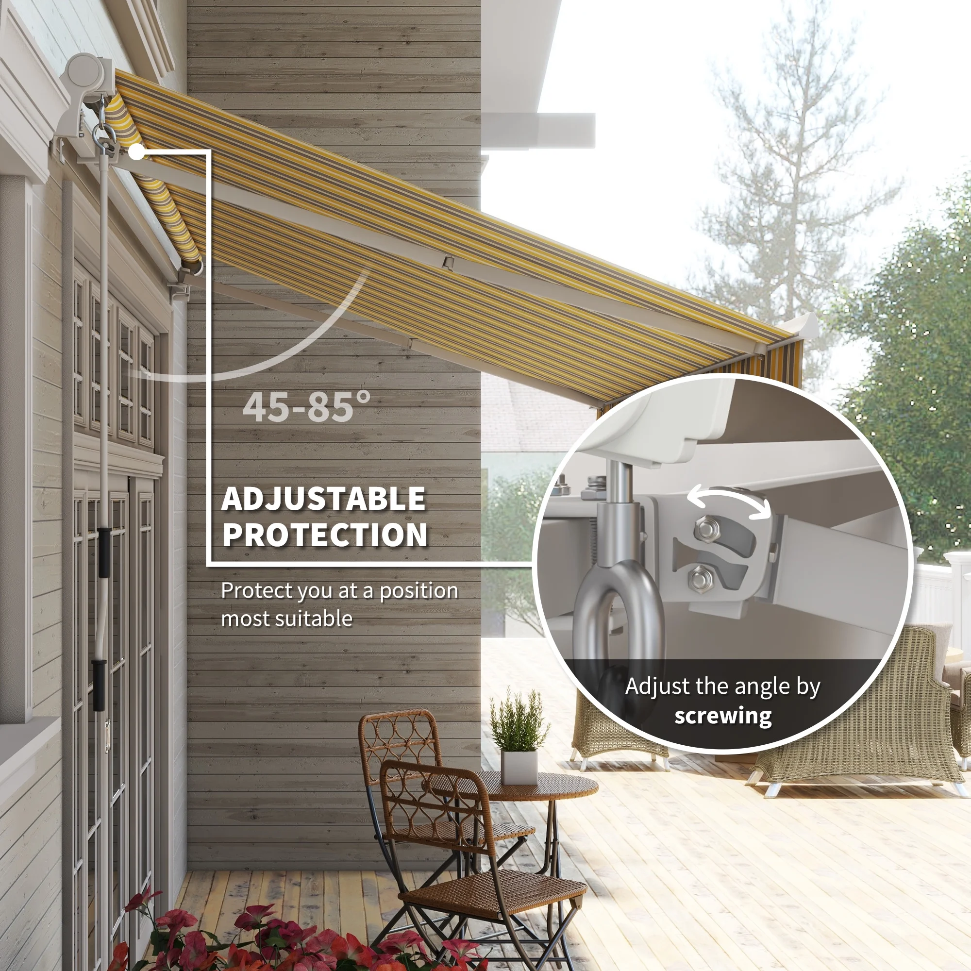 Outsunny 12' x 10' Manual Retractable Awning Outdoor Sunshade Shelter for Patio, Balcony, Yard, with Adjustable & Versatile Design, Beige and White - Image 35