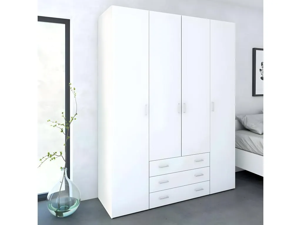 Armario de cuatro puertas y tres cajones color blanco Medidas 154x200x49 cm ZKBL45348