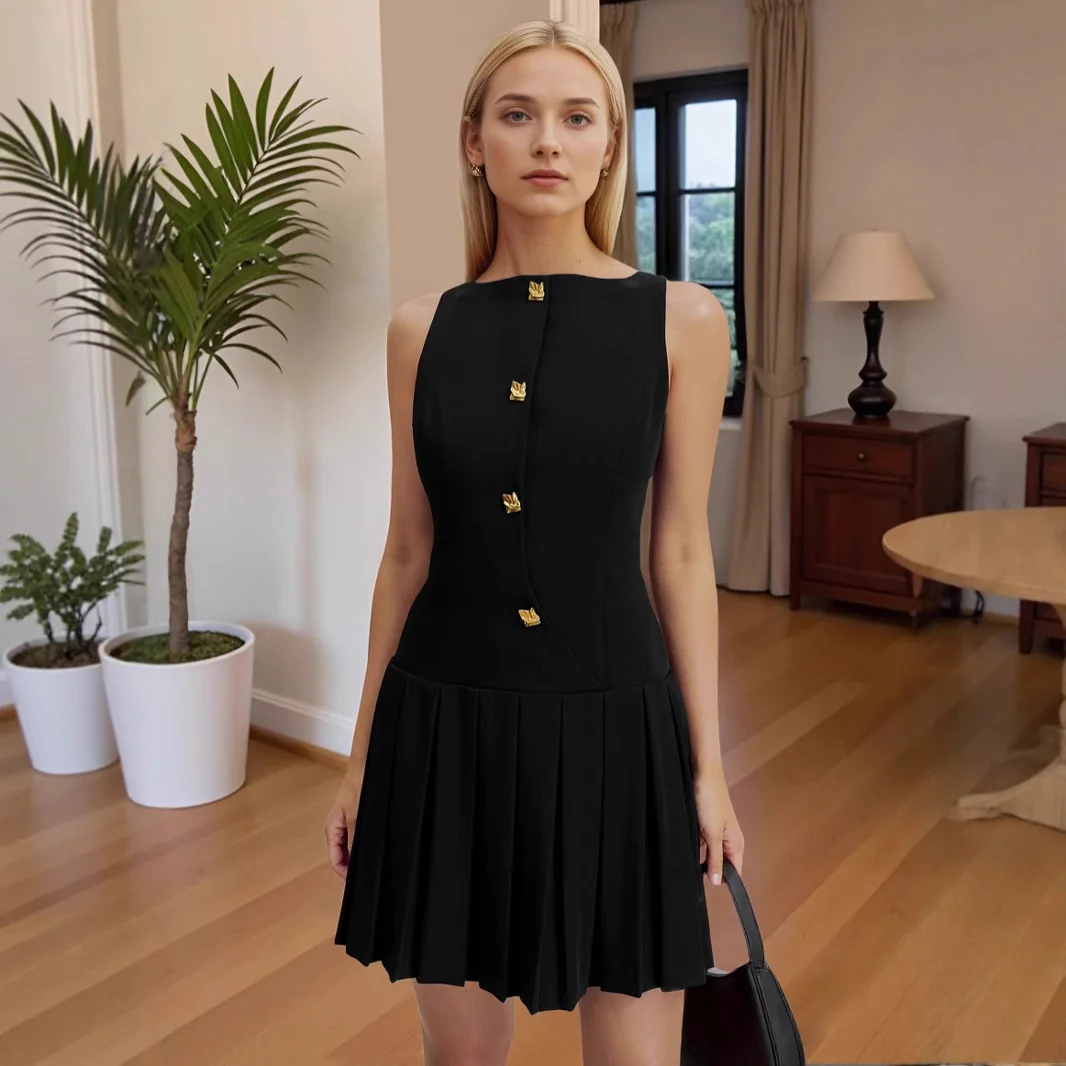 Personalized wide pendulum pleated waist solid color sleeveless short dress - Se7enfashion