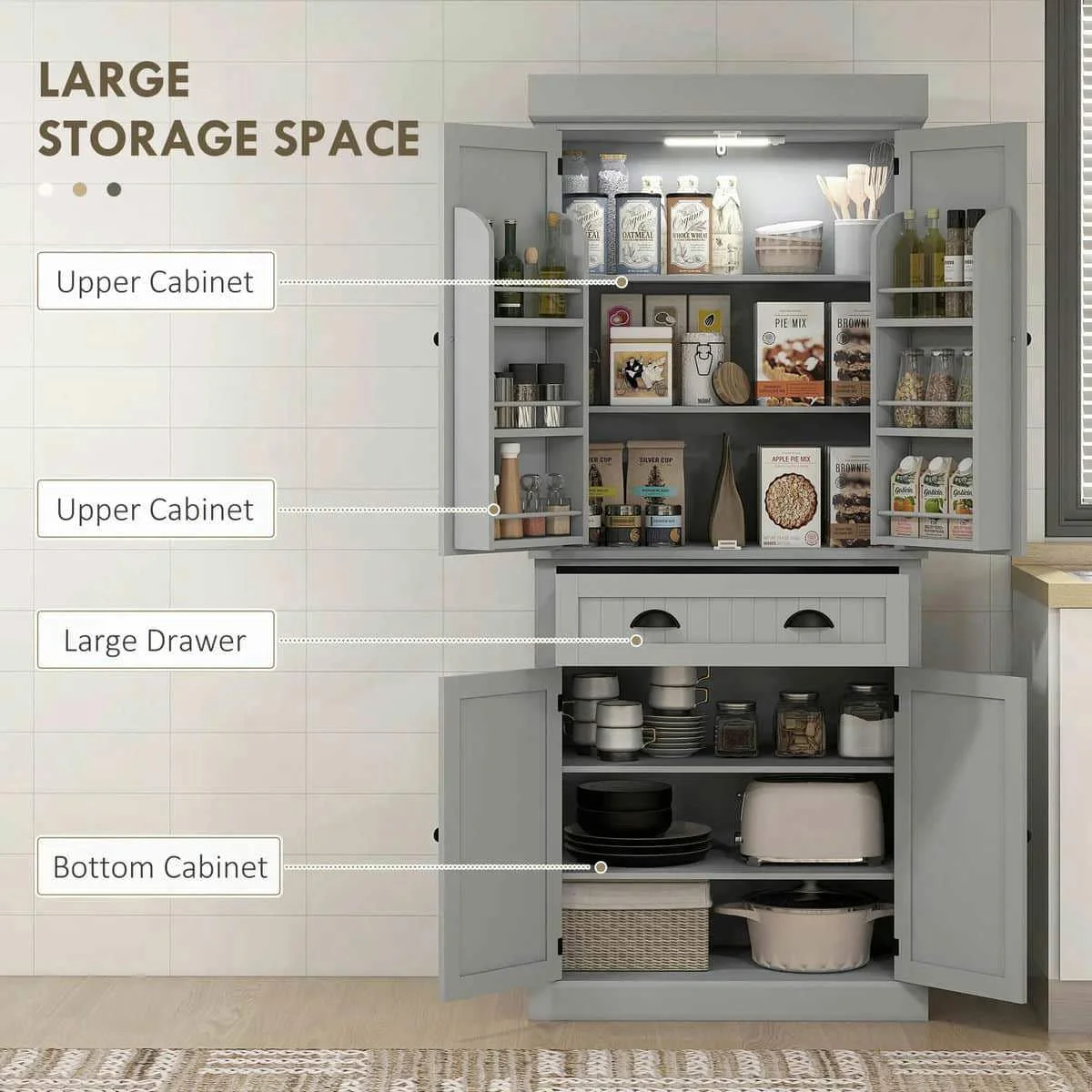 Spaco 17-Tier Kitchen Small Pantry Cabinet with 2 Doors and 6 Adjustable Shelves, Cabinet Pantry, Freestanding 5-Tier Shelving Pantries for Kitchen Storage, Gray - Image 36