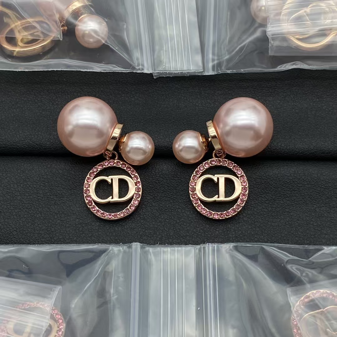 Dior Rose Gold CD Dangle Pink Pearl Earrings - Original Replica Club