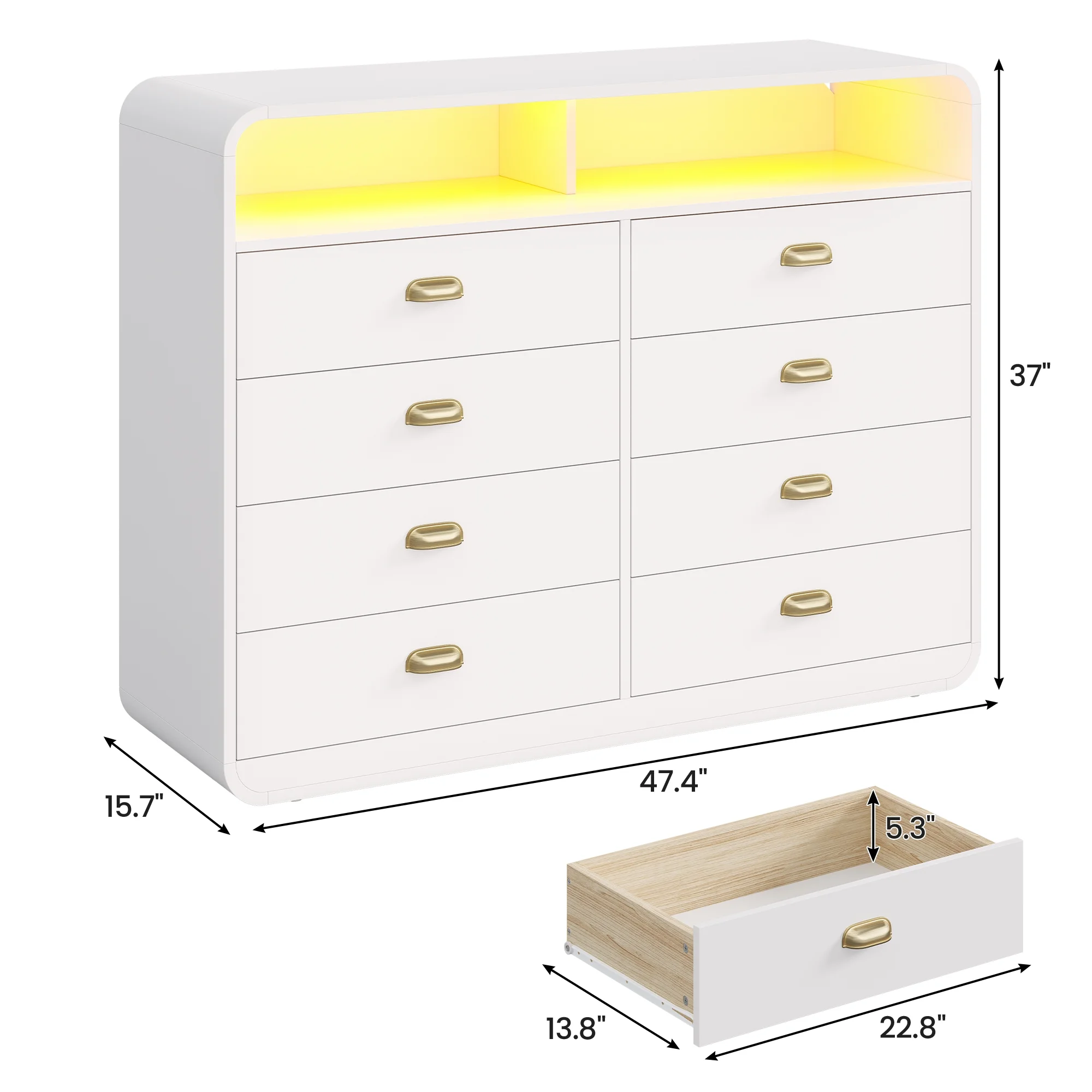 8 Drawers Dresser, Modern Chests Of Drawers with LED Lights, Curved Design for Living Room, Bedroom, White - Image 7