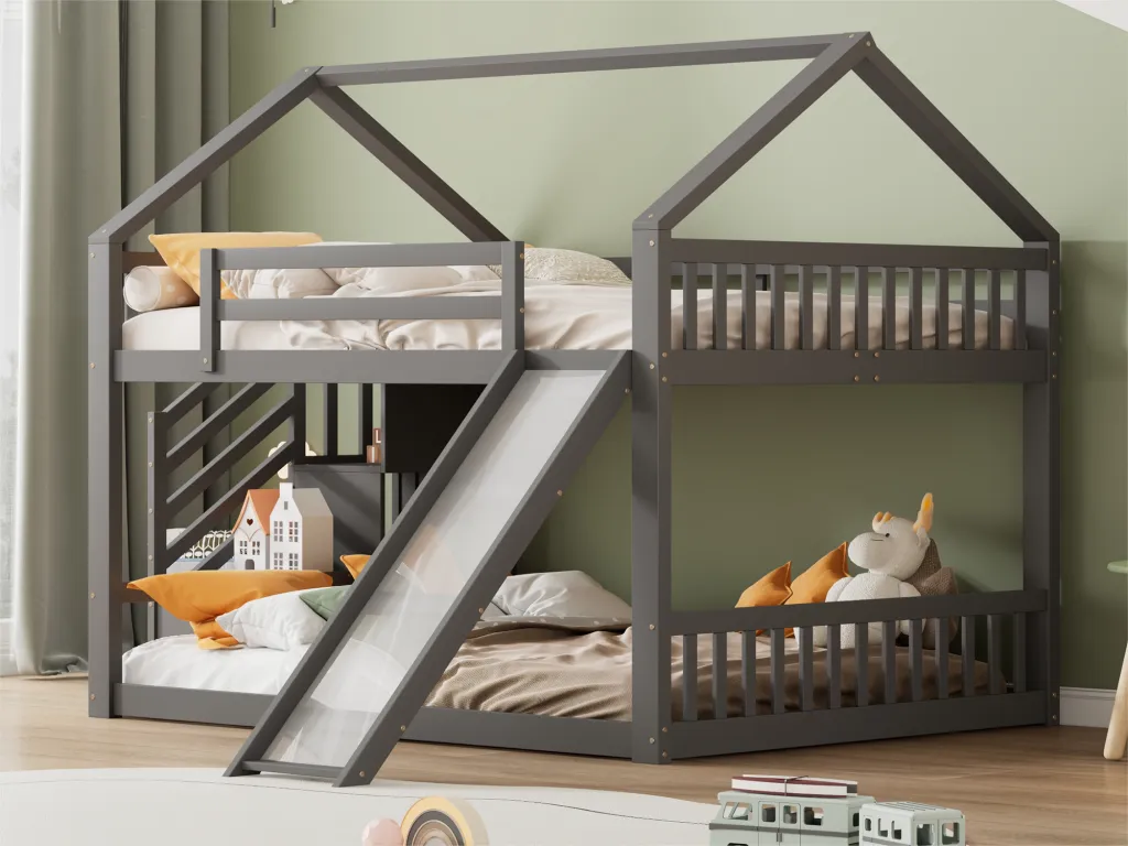 Litera cabina 140x200 cm con escalera y tobogán Hogarsens y MDF gris