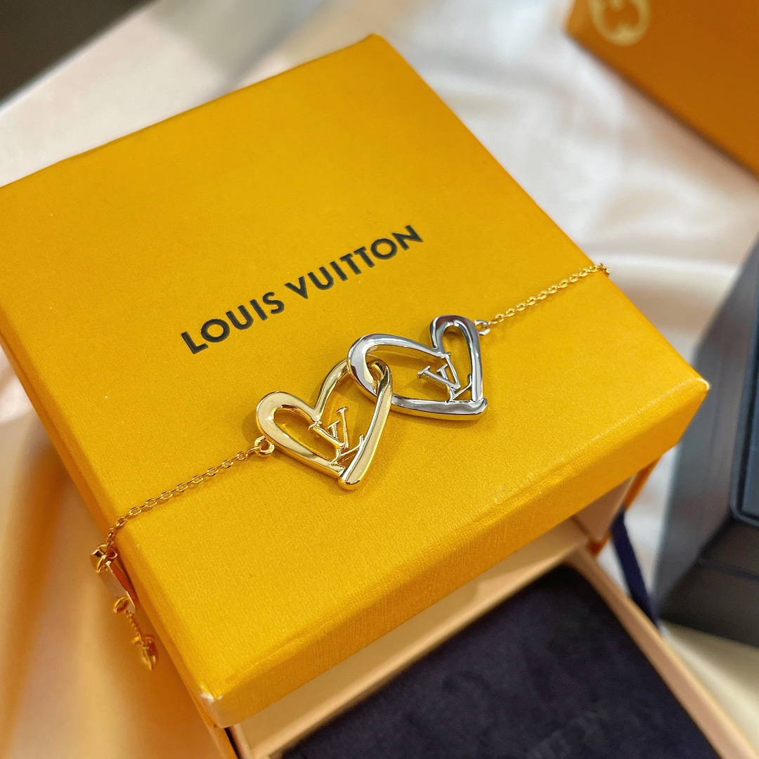 Louis Vuitton Hollow Silver Gold Double Interlocking Hearts Bracelet - Original Replica Club