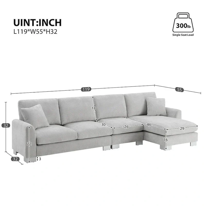 Spacious L-Shaped Chenille Sectional Sofa with Chaise Lounge for Living Room, Apartment, or Office