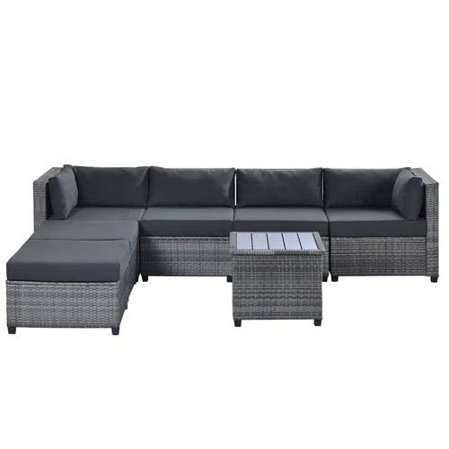 Wicker Patio Sofa Sets, 7 Pieces Outdoor Seating Sets, Lounge Sofa and Tempered Glass Coffee Table, Deck Front Garden Furniture Set, Brown Rattan + Beige Cushion - Image 6