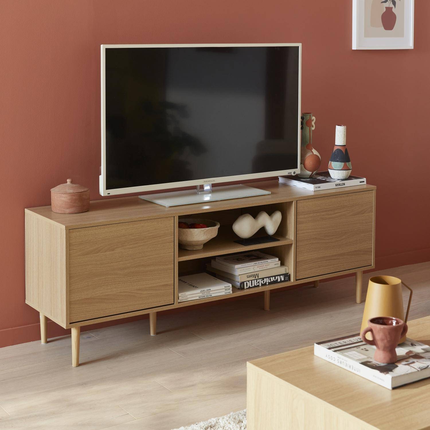 Mika - Mueble TV efecto madera con 2 niveles y 2 puertas,160cm