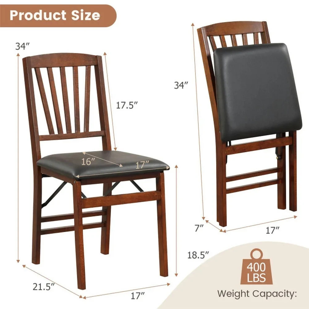 Spaco Set of 2 Folding Chairs with Padded Seat and Rubber Wood Frame-Brown, Lounge Chair, Dining Room Chair for Kitchen, Dining, Bedroom, Living