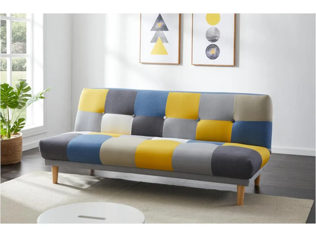 Sofá cama de 3 plazas de tela Decoesp gris azul amarillo JDWF35788