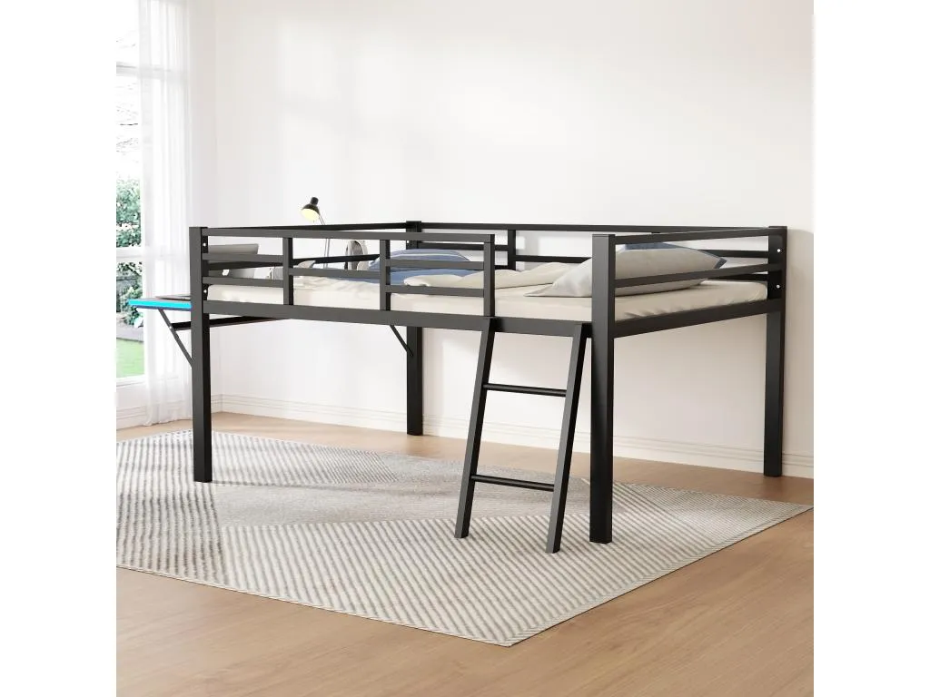 Cama altillo de Sancaldeco de 140x200 cm con LED - con escritorio abatible y somier - Negro XIDT03974
