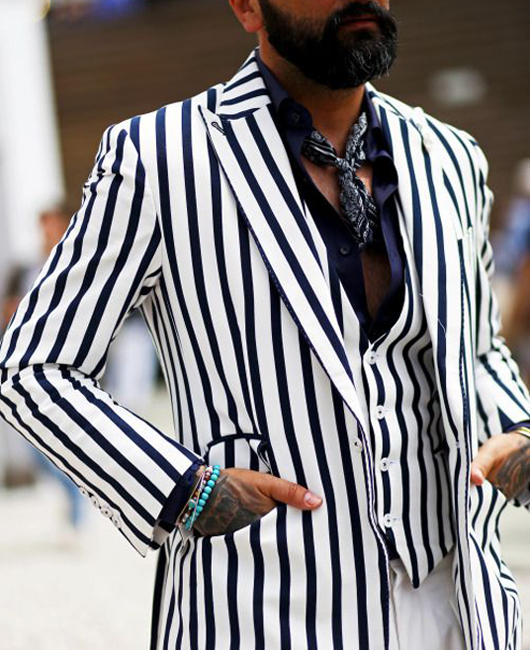 Fashion Black & White Striped Lapel Collar Pocket Blazer