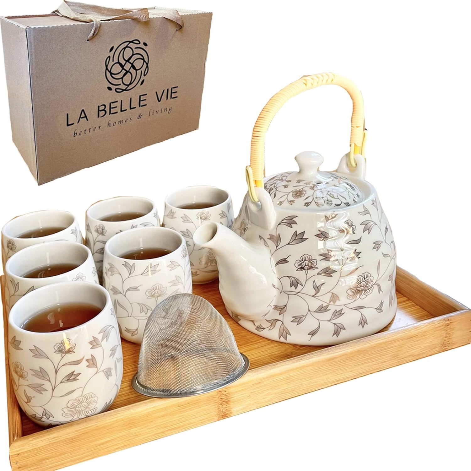 La Belle Vie Japanese Tea Set, White Porcelain Tea Set as Gift, 1 Pot (32.1oz), 6 Cups (6.1oz), 1 Stainless Steel Tea Infuser, 1 Bamboo Tray, Pretty Gift for Birthday, Festivals, Events