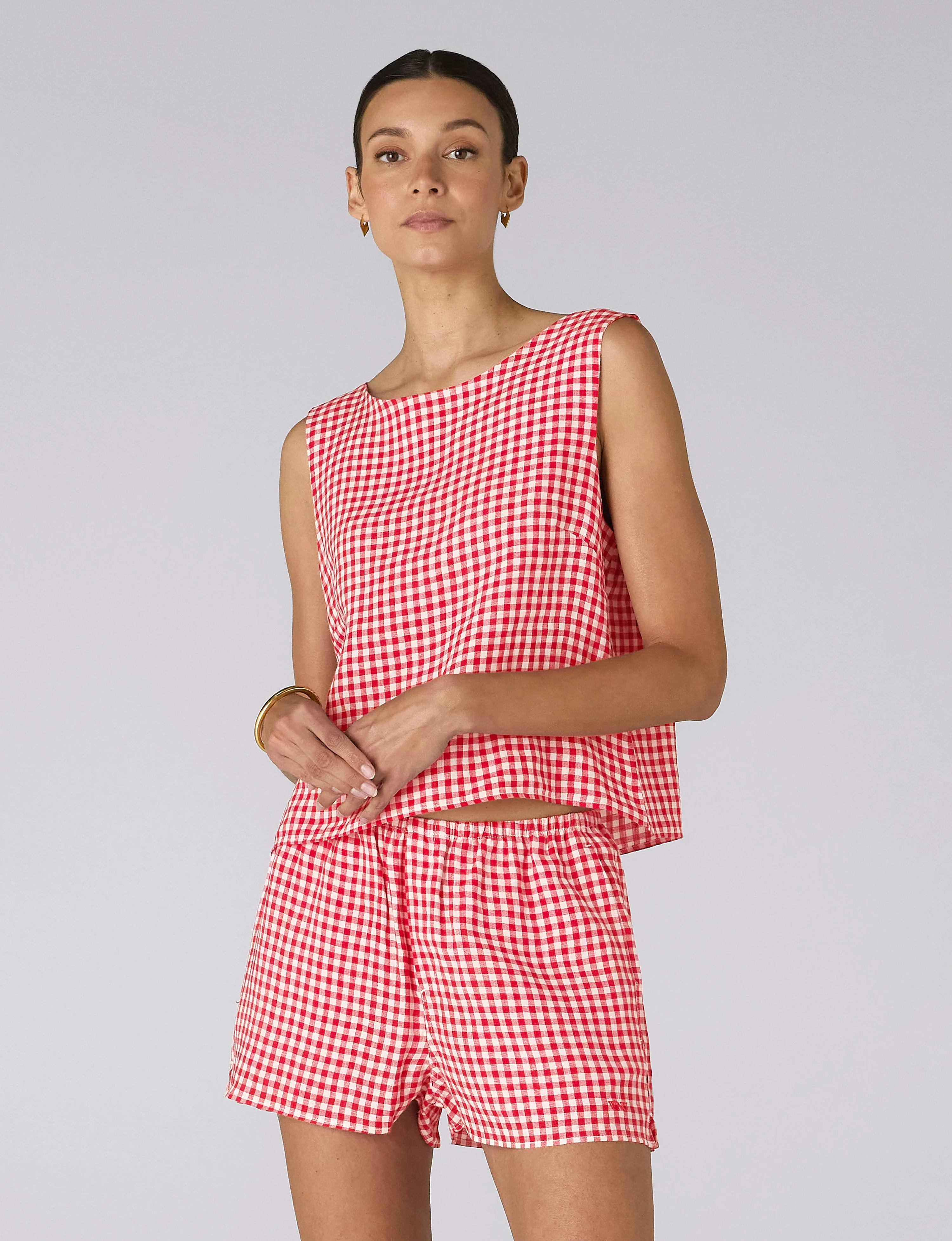 The Set: Linen Jackie Top & Court Short, Post Box Red Gingham