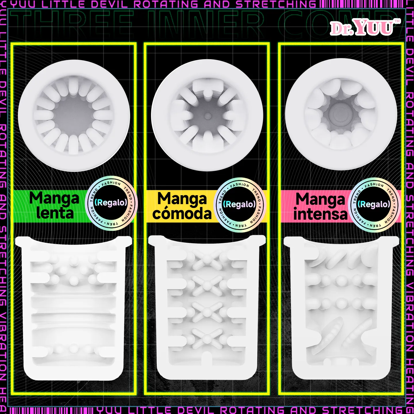 Kit de tres mangas intercambiables con texturas realistas para máxima estimulación. Dr.YUU