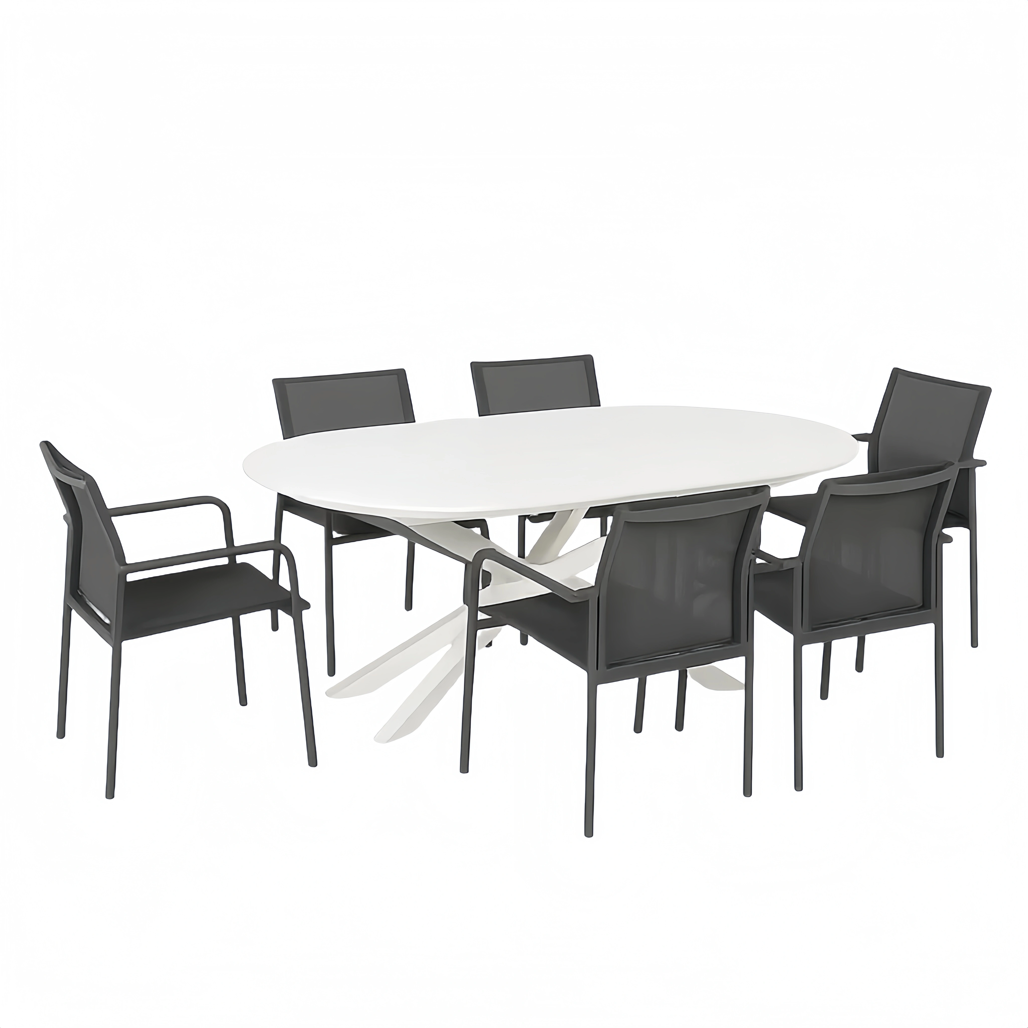 Conjunto de Comedor de Jardín Ovalado para 6 Personas, Estructura de Acero, Incluye 1 Mesa y 6 Sillas con Respaldo de Tela, Color Blanco y Gris - BhvMZYF185Br