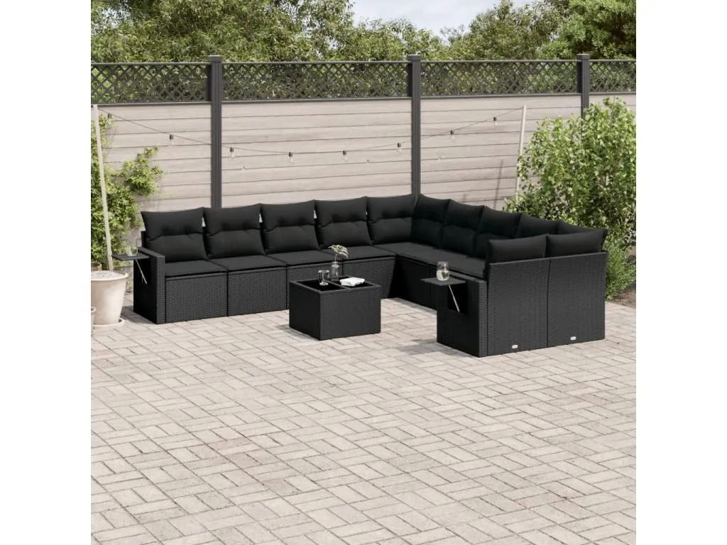 Boverdeco Set de sofás de jardín 11 pzas y cojines ratán sintético negro
