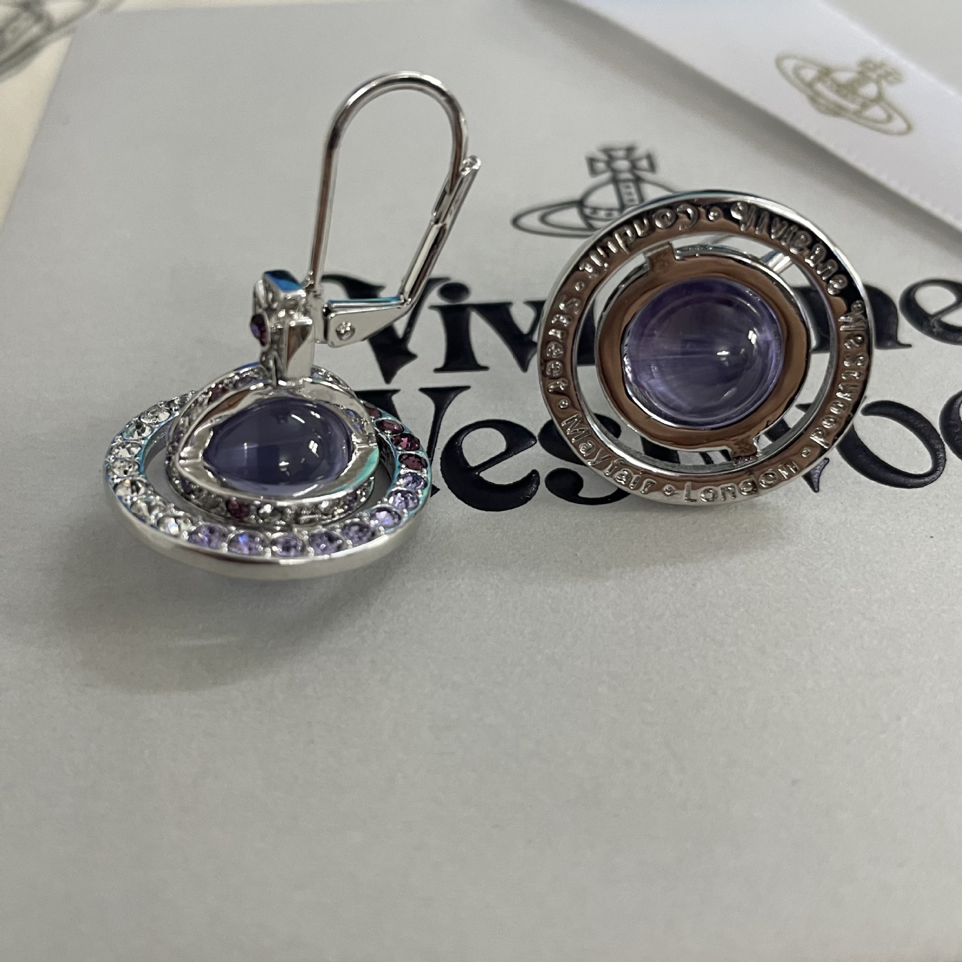 Vivienne Westwood Light Purple Crystal Ball Planet Saturn Earrings - Original Replica Club