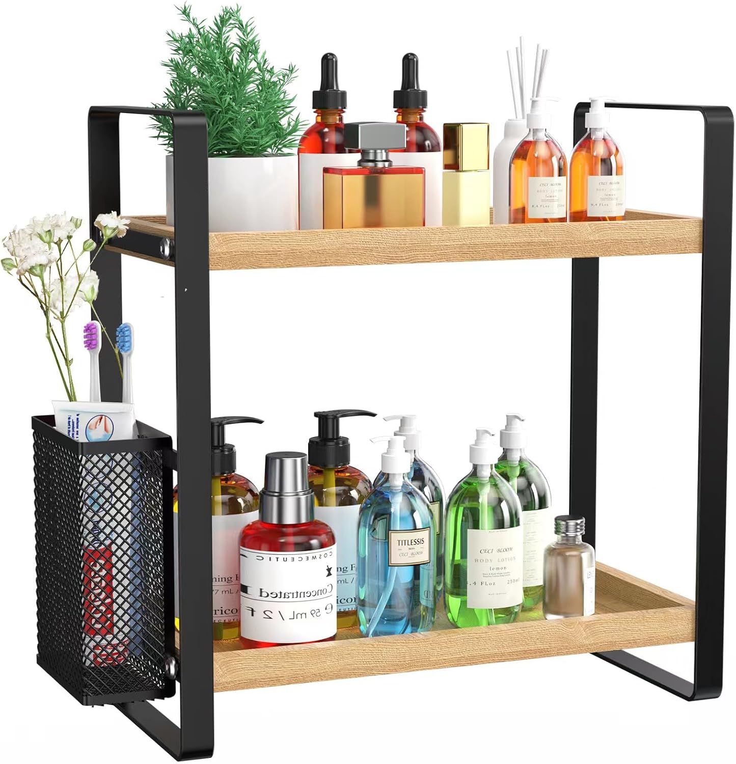 LEMIKKLE Bathroom Counter Organizer with Drawer and Basket,Wood Countertop Organizer for Bathroom Decor Makeup Tray for Perfume Skincare Bedroom Kitchen Corner