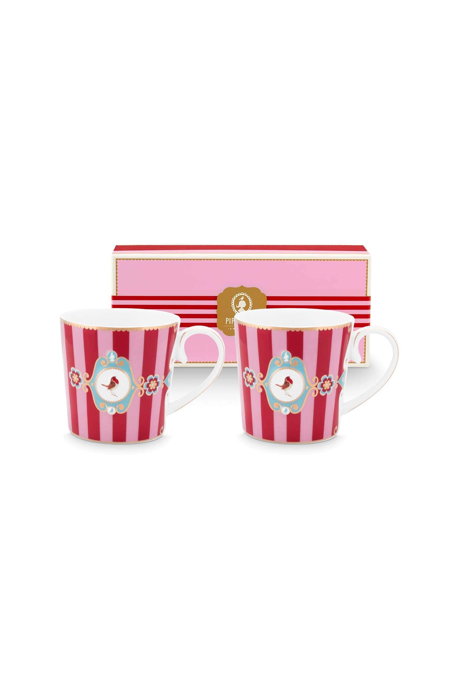 Set/2 Mugs Small Love Birds Medallion Stripes Red-Pink