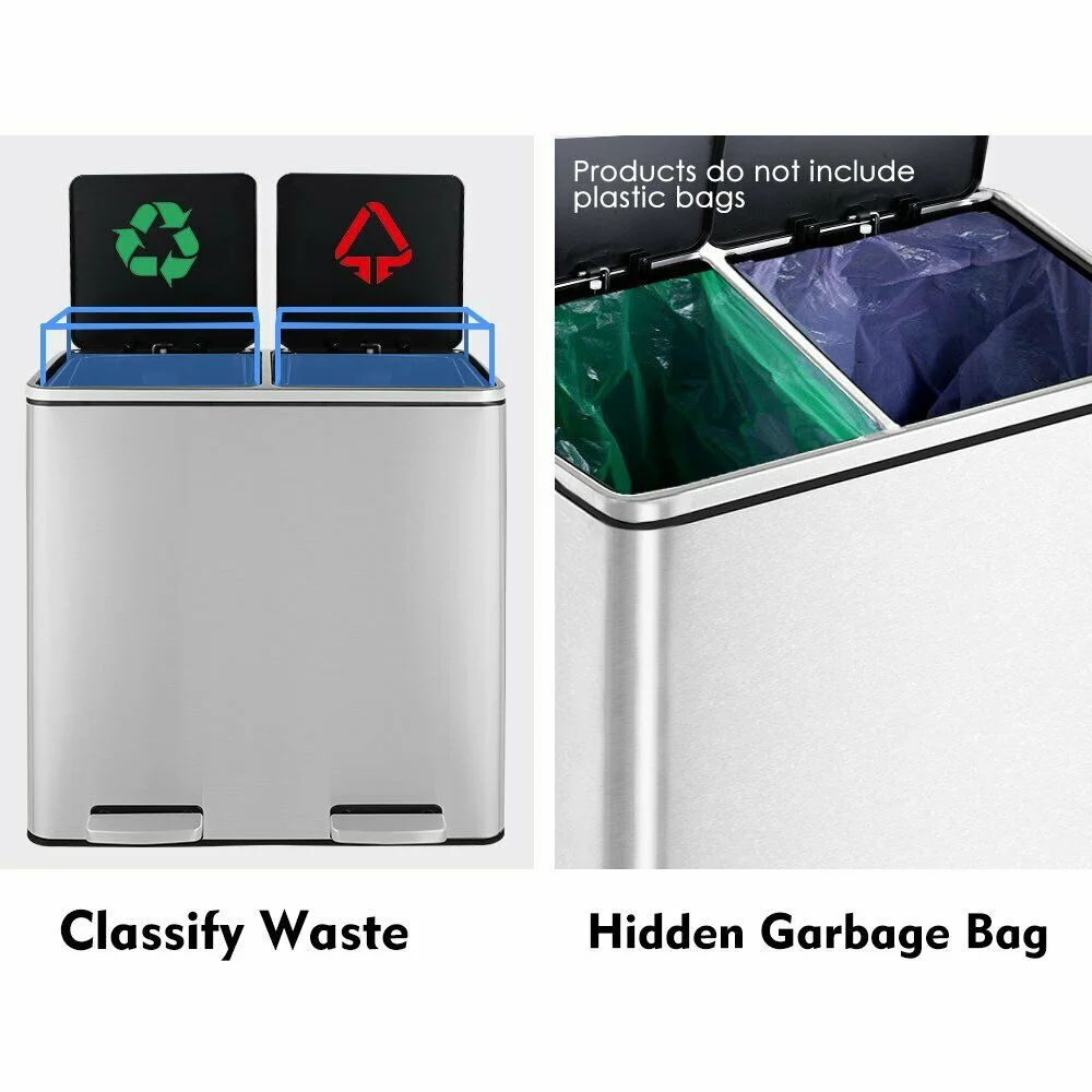 LAZY BUDDY Dual Garbage Can, Stainless Steel 16 Gallon Step Kitchen Trash Can with Soft-Close Lid, Double Compartment Garbage Recycling Bin - Image 20