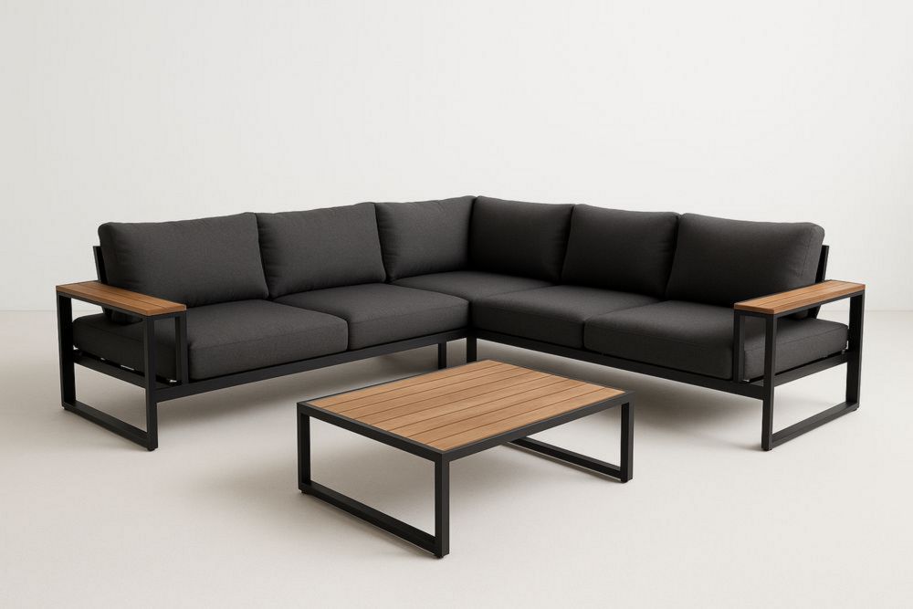 Conjunto de sofá modular en L de metal negro con cojines de tela negro y mesa de madera marrón