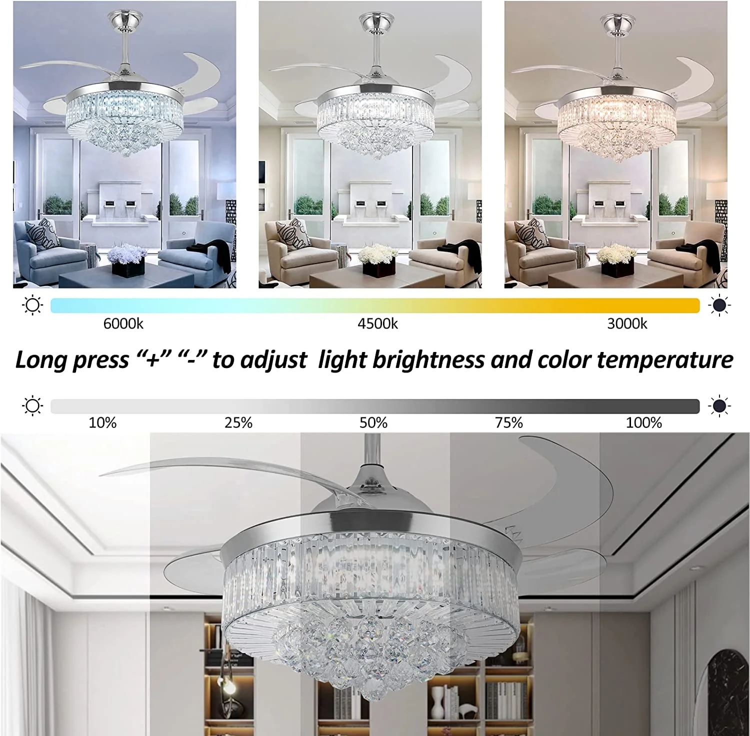 Datingday 42 Inch Crystal Ceiling Fan Golden Crystal Ceiling Fan Chandelier with Remote 6 Speeds 3 Colors Changes Lighting Fixture, 4 Blades Retractable Fans for Bedroom Living Room Dining Room - Image 16