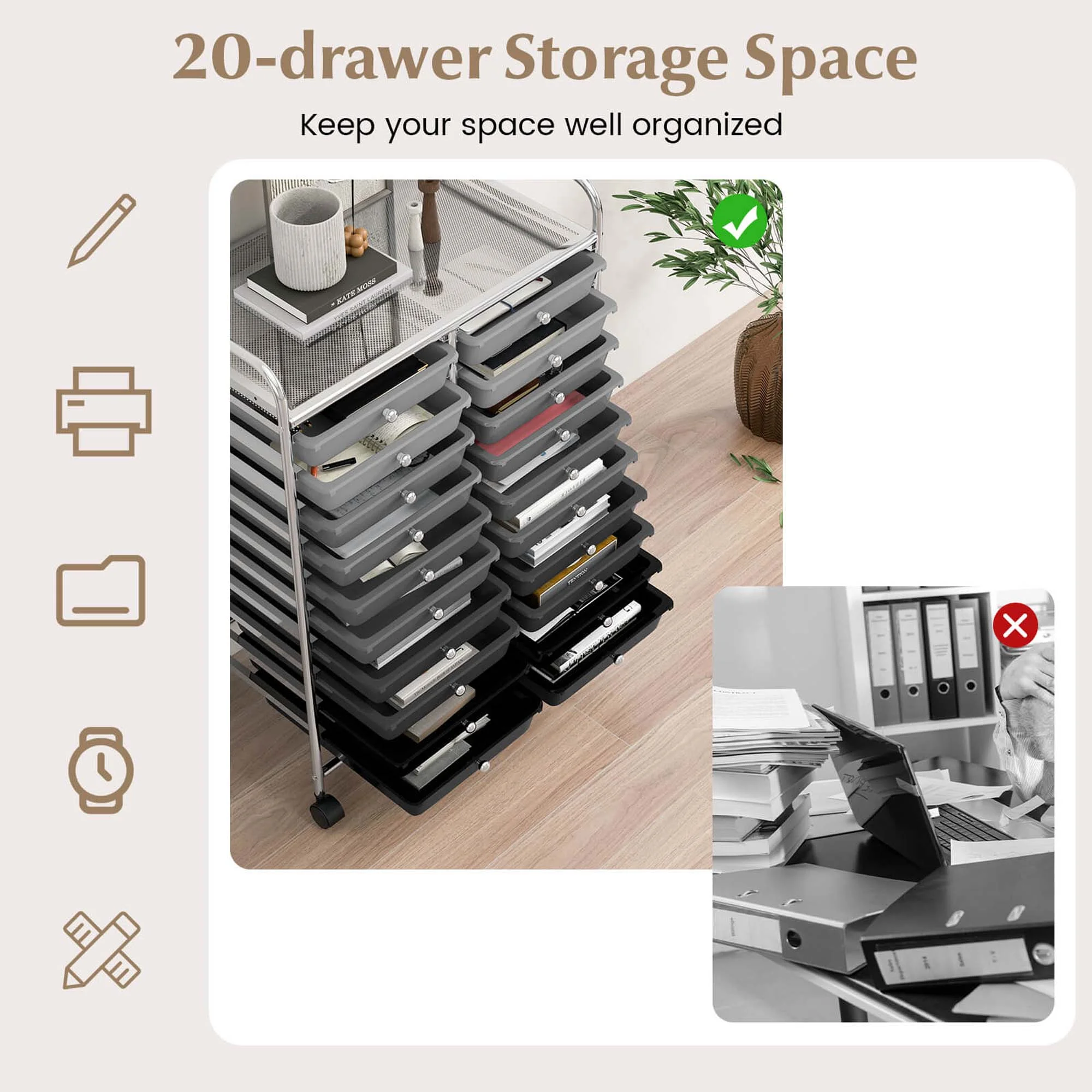 Costway 20 Drawer Rolling Storage Cart Tools Scrapbook Paper Office School Organizer Yellow - Image 97