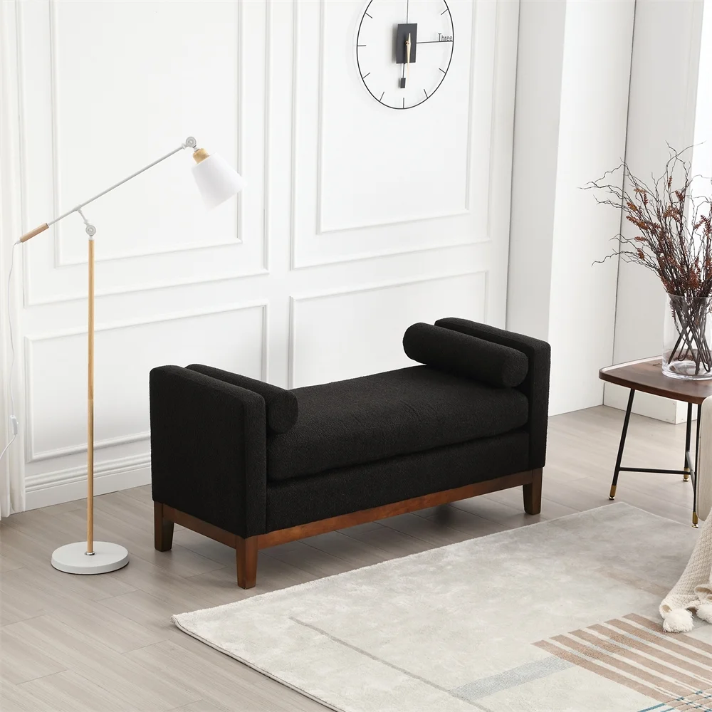 53.5"W Elegant Upholstered Bench with Wood Legs & Round Pillows,Comfy Boucle Fabric Footrest with Arms, Entryway Bench for End of Bed, Bedroom and Living Room, Ivory - Image 18