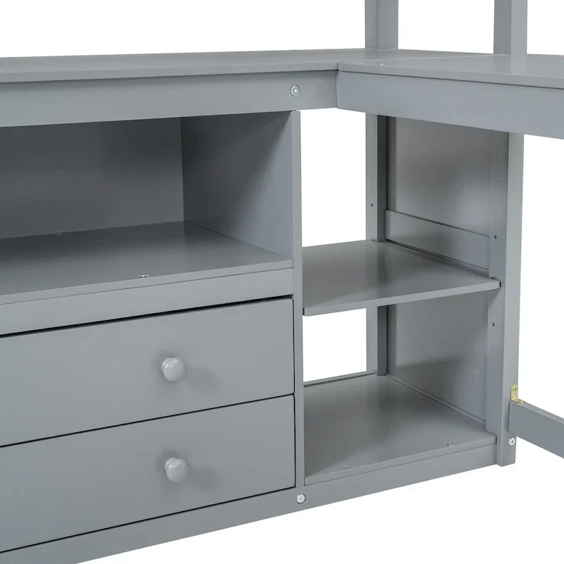 Gray Full-Size Loft Bed with Desk, Shelves, and Two Built-In Drawers