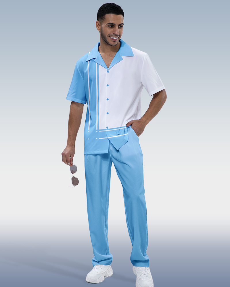 Blue Panel Print Short Sleeve Walking Suit