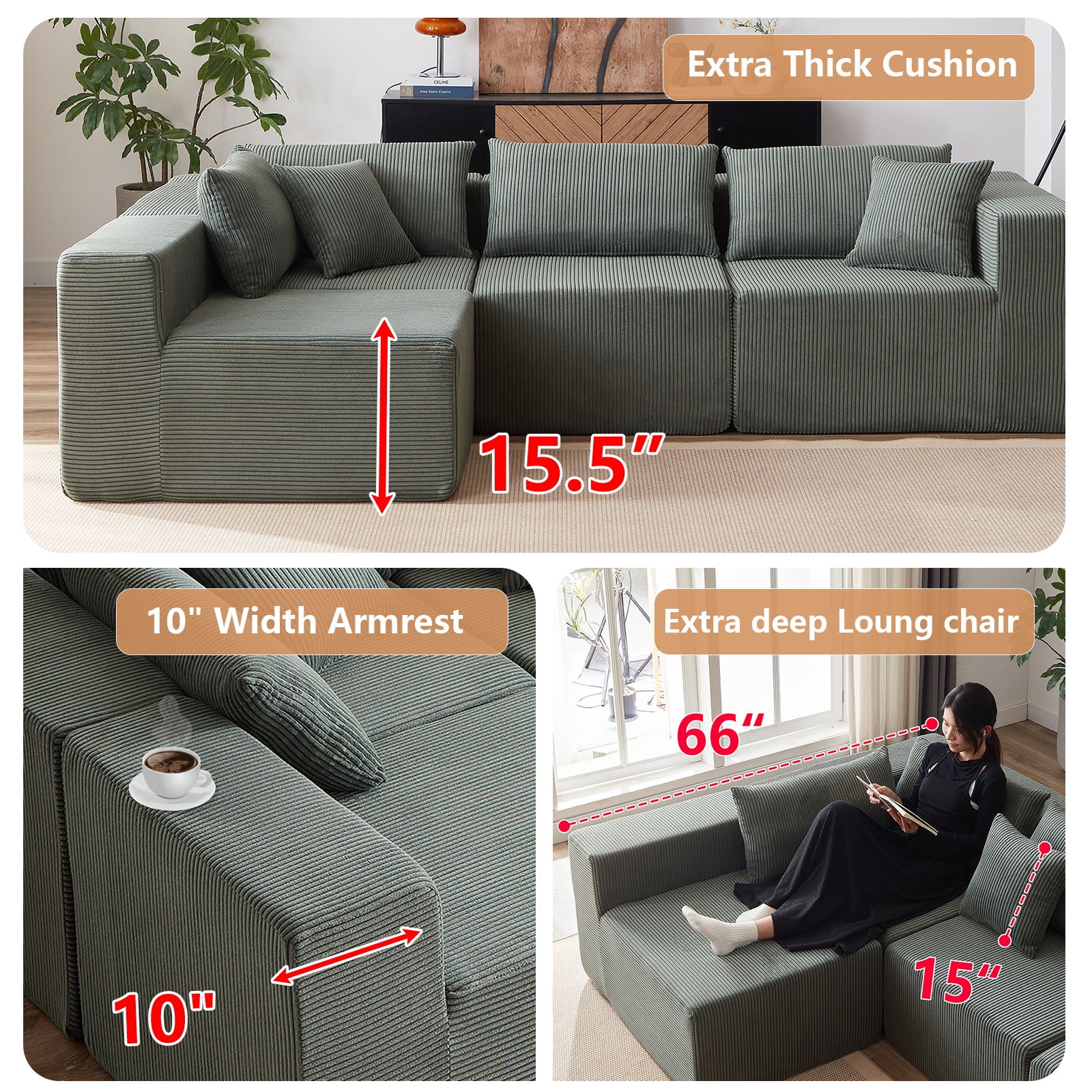 104-Inch Corduroy Modular L Shaped Sectional Sofa,Luxury Floor Couch Set,Upholstered Indoor Furniture,Foam-Filled Compressed Sofa for Living Room,Bedroom,4 PC Free Combination ? - Image 24