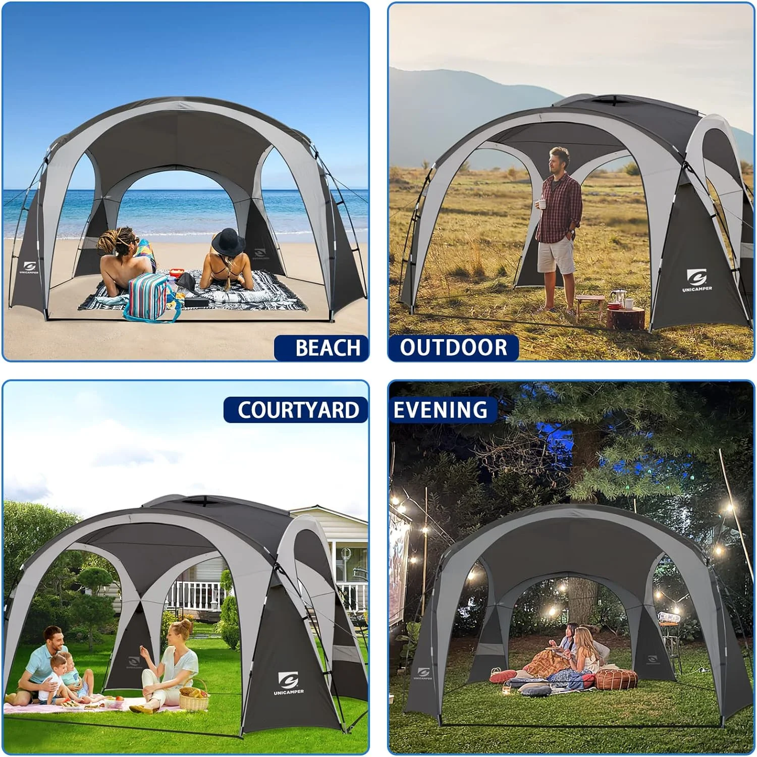 UNP Easy Beach Tent 12 X 12ft Pop Up Canopy UPF50+ Tent with Side Wall, Ground Pegs, and Stability Poles, Sun Shelter Rainproof, Waterproof for Camping Trips, Backyard Fun, Party Or Picnics (Gray) - Image 5
