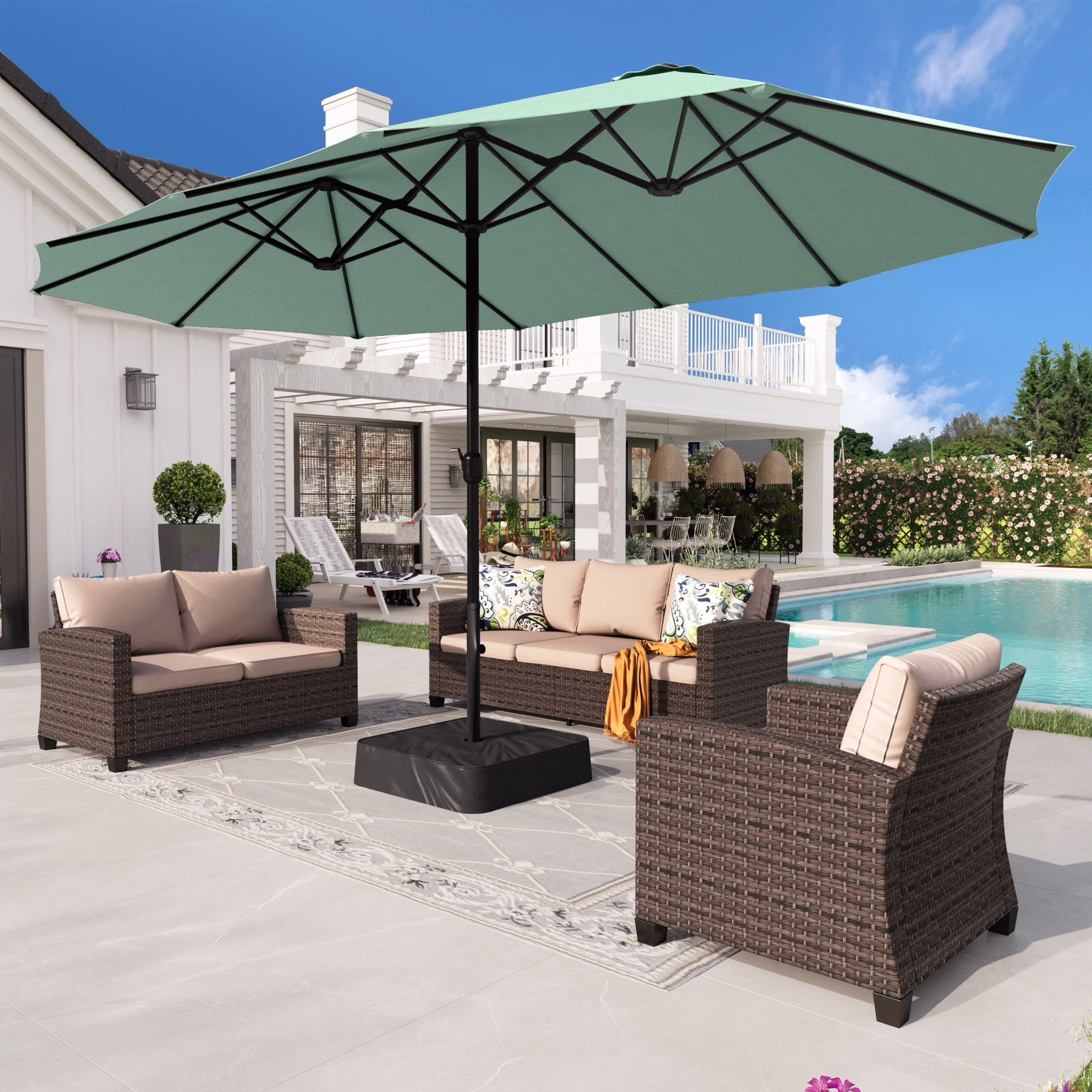 Alpha Joy 15ft Outdoor Patio Umbrella Extra-Large Double-Sided Garden Umbrella with Crank Handle and Base - Smoky Gray - Image 3