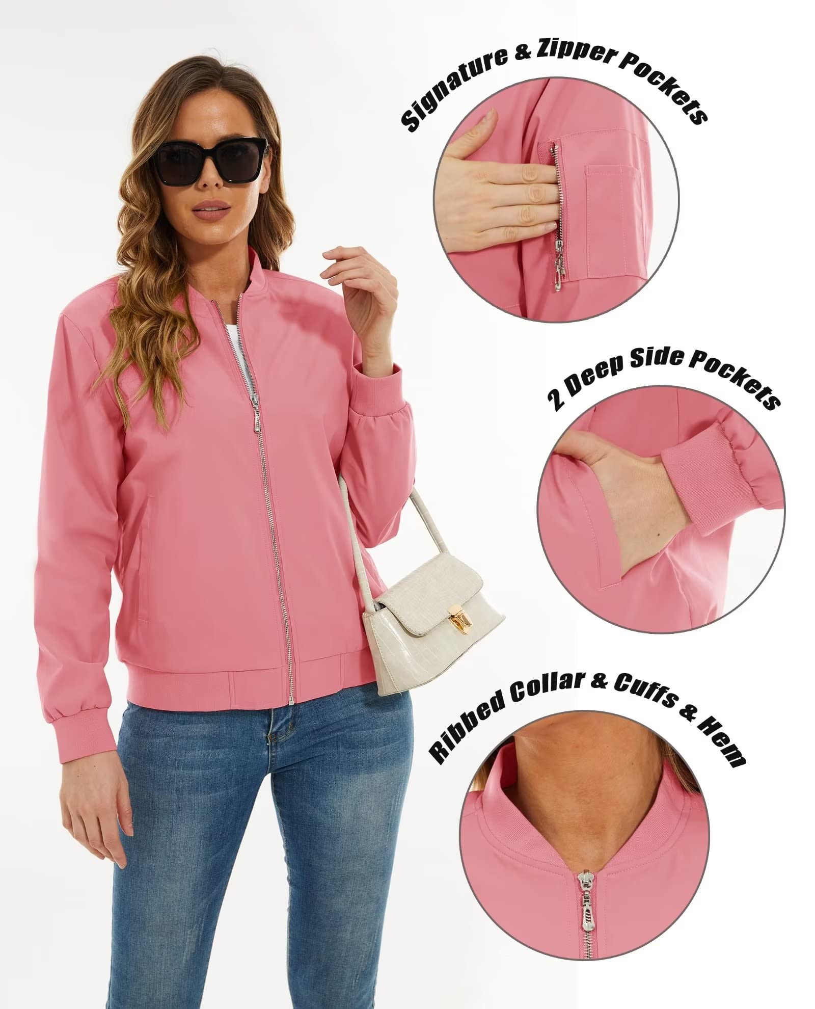 Women's Bomber Jackets Casual Jacket with 3 Pockets Spring Windbrealer Coat Fashion Outwear