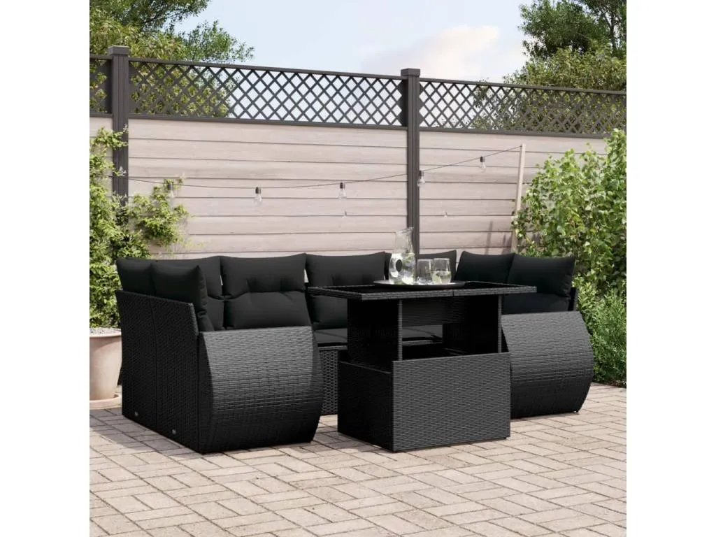 Set de sofás de jardín 7 pzas con cojines ratán sintético negro