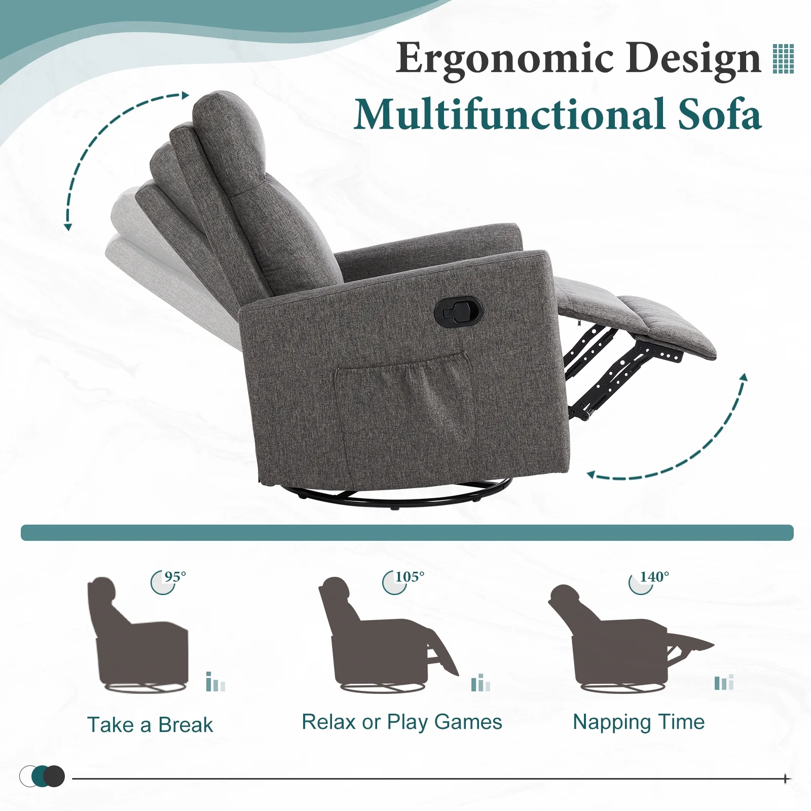 Recliner Message Chair with Footrest, Swivel Rocking Glider, High Back Upholstered Deep Seat for Living Room, Grey - Image 11