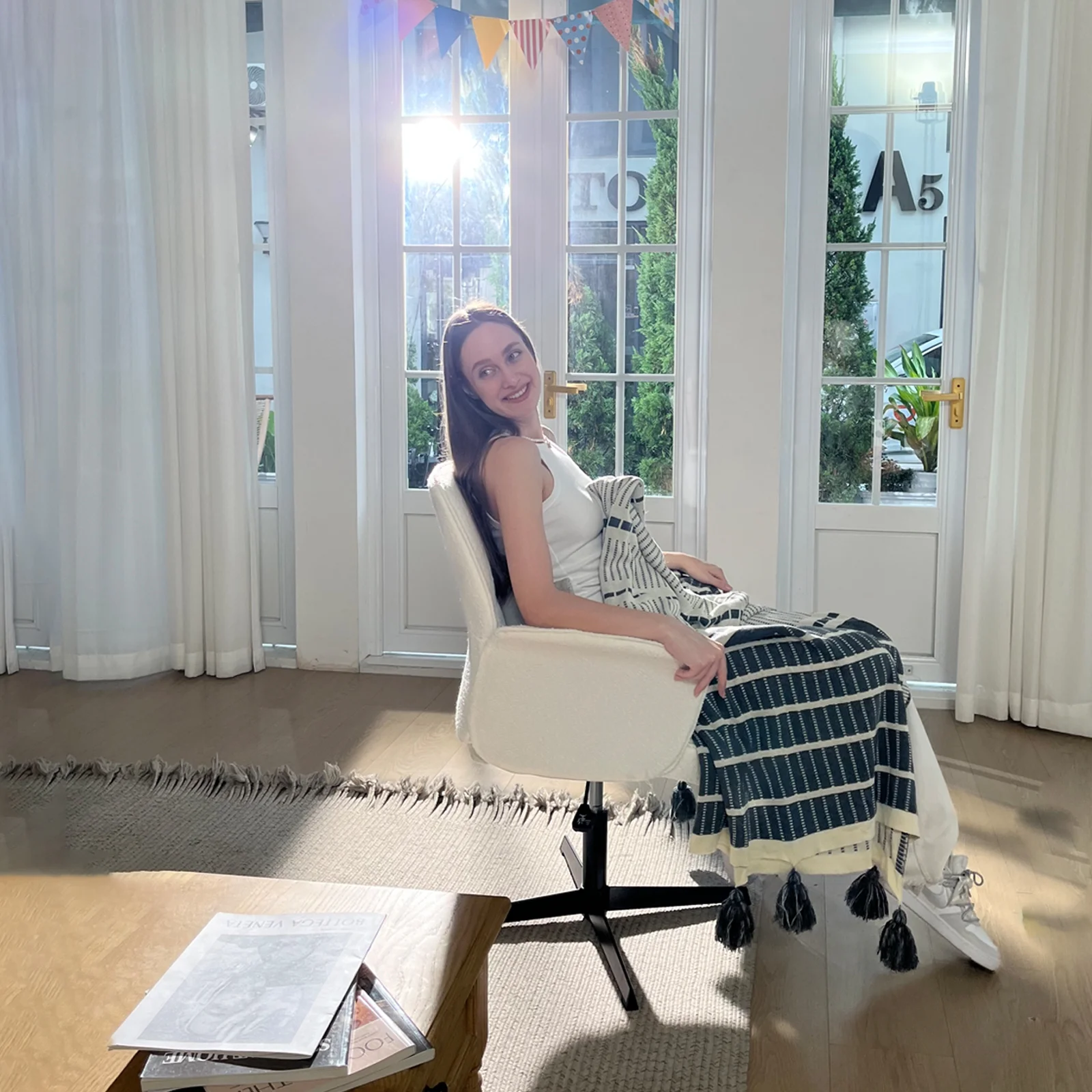 Homy Casa Home Office Desk Chair, Cute Vanity/Makeup Criss-Cross Chair, Upholstered Adjustable Swivel Armchair for Women/Girls - Image 9