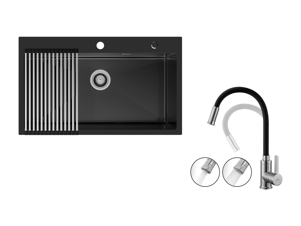 AuralumMAX Fregadero Cocina 1 Bandeja 75 x 45 cm,Fregadero Inox Negro con Escurridor Plegable+Mesclador Cocina Negro Flexible,Grifero Cocina Plegable