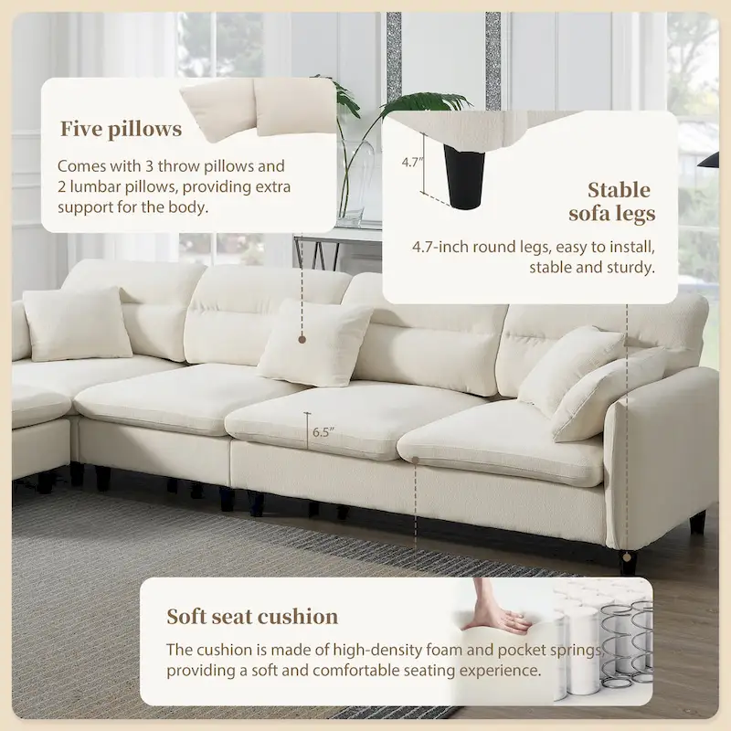 110-Inch L-Shaped 5-Seater Sectional Sofa with Removable Ottoman, Cloud Chenille Fabric, and 5 Cushions