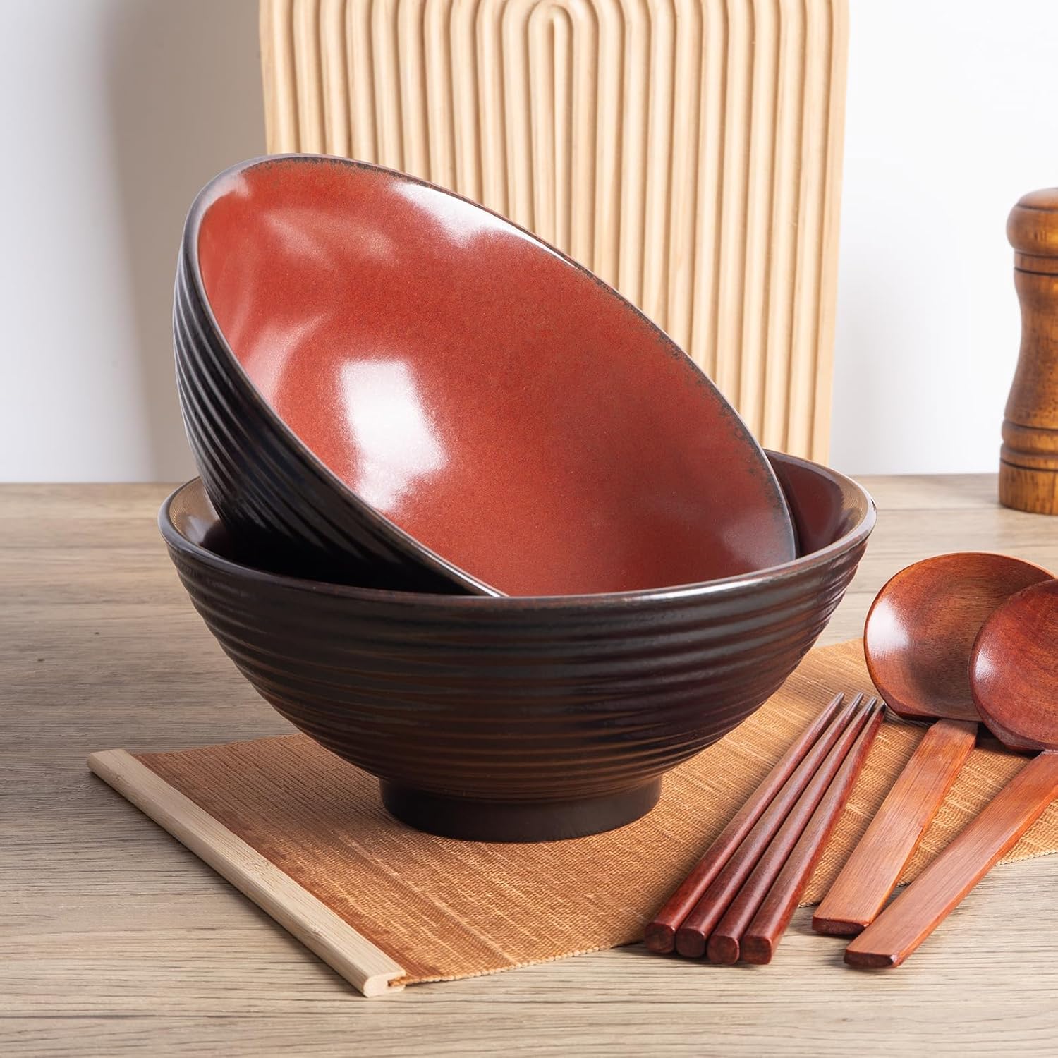 40oz Japanese Ceramic Ramen Bowl Set of 2 with Chopsticks and Spoons for Pho Udon Asian Soup Noodles (Red)