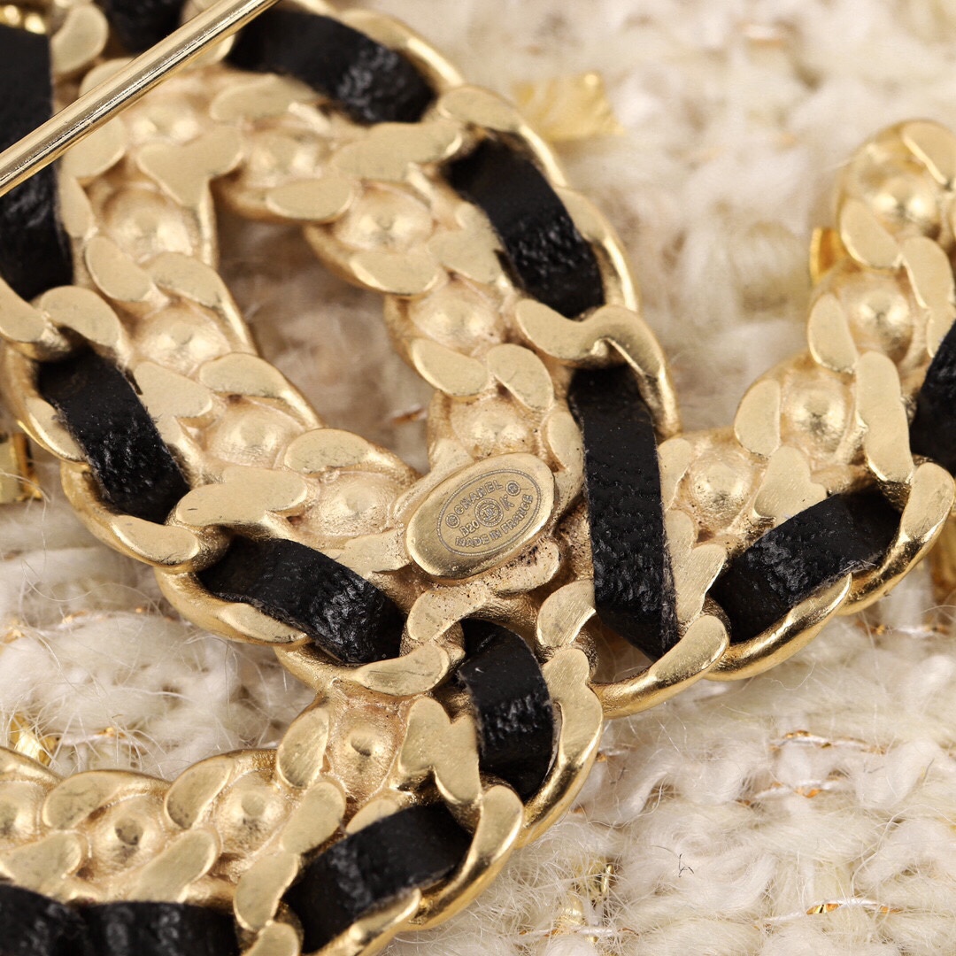 Chanel Leather Woven Diamond Paved Gold Brooch - Original Replica Club